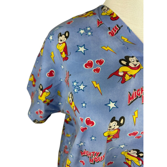 ✨2/$20 Mighty Mouse Cartoon Graphic Nurse CNA V-Neck Scrub Top Blue Size Large - Picture 3 of 16